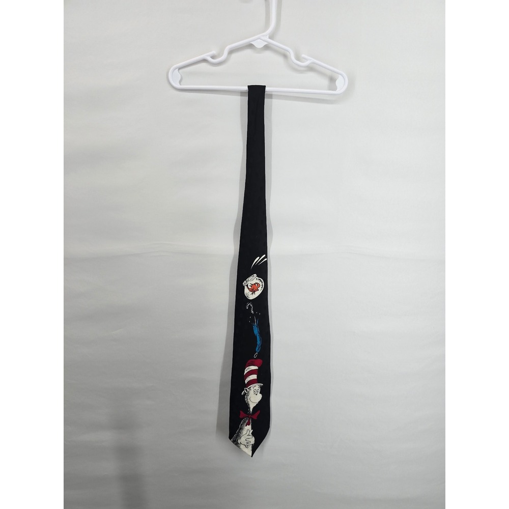 Vintage 1995 Dr Seuss Cat in the Hat Silk Tie Esprit de Corp Black Polka Dot